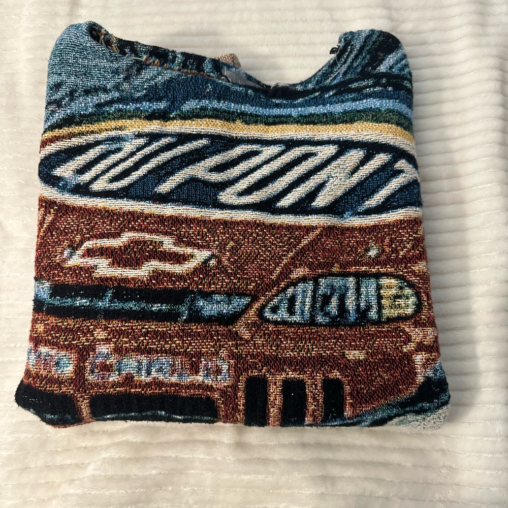 Blue and Brown Crew Neck Sweater with Geometric Patterns